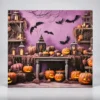 Square Halloween backdrop with orange pumpkins, lanterns and black bats against a purple background