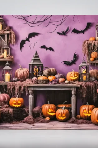 Square Halloween backdrop with orange pumpkins, lanterns and black bats against a purple background