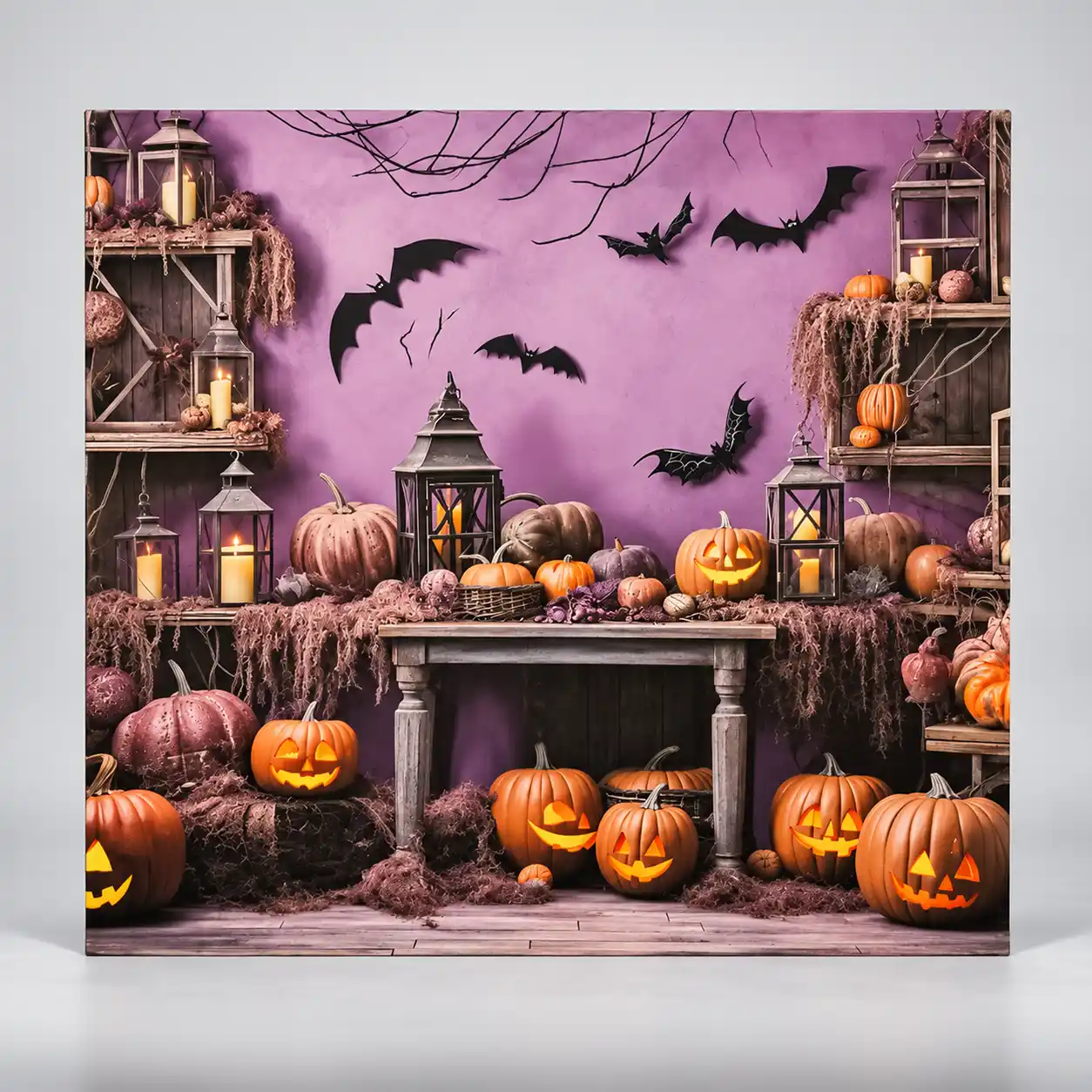 halloween-pumpkin-backdrop Square Halloween backdrop with orange pumpkins, lanterns and black bats against a purple background