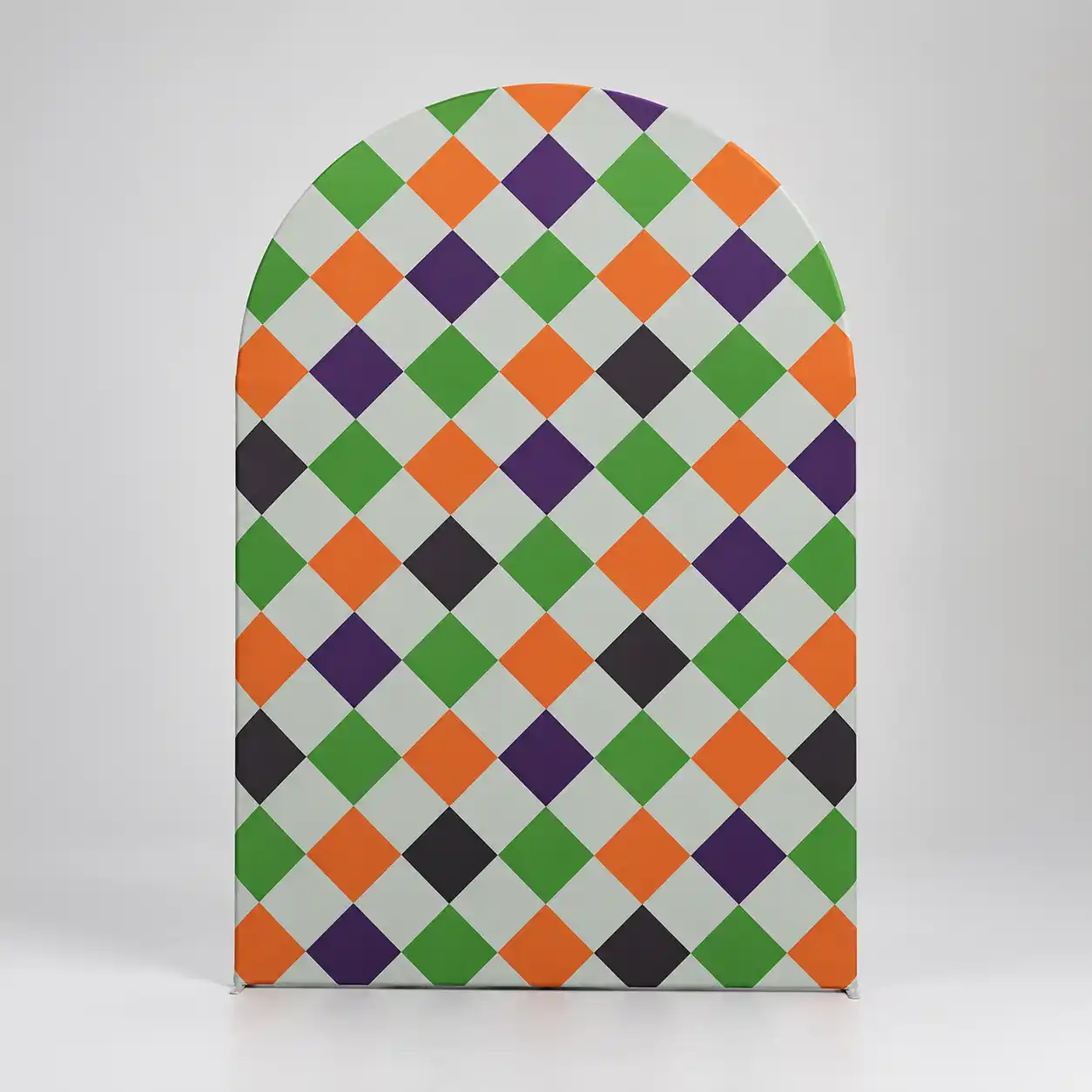 pattern-halloween-backdrop Halloween arch backdrop with an orange, green, purple, black and white harlequin diamond pattern
