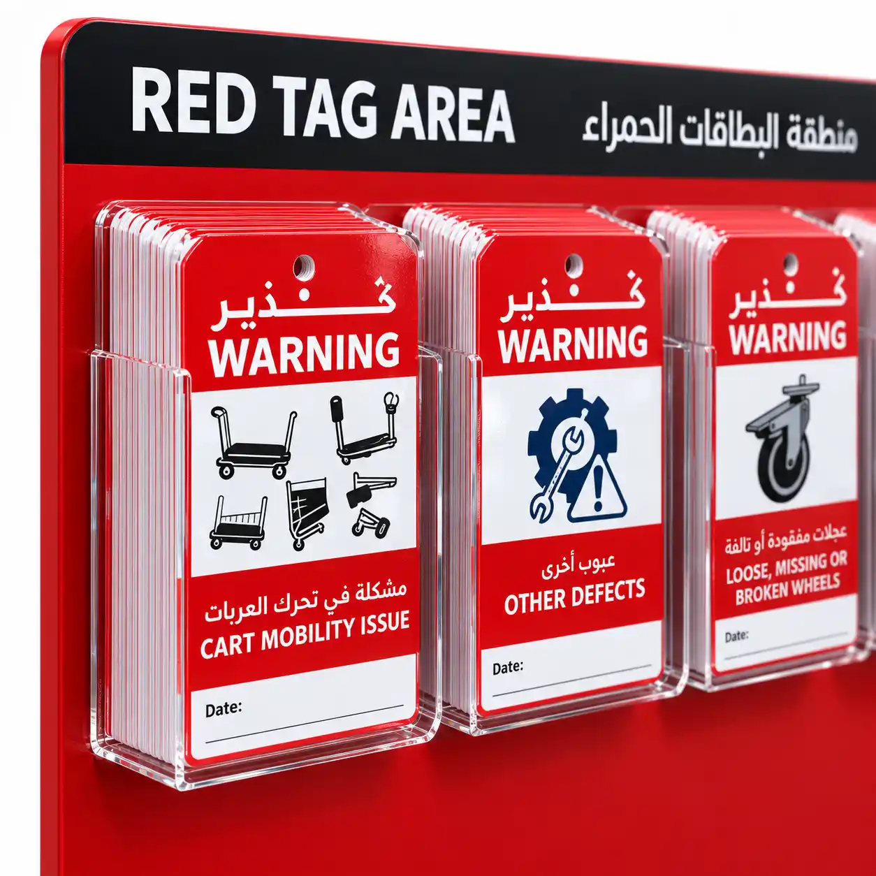 red-tag-station-acrylic-pockets-closeup Close-up of clear acrylic pockets holding glossy laminated equipment-condition tags