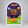 Trick or Treat Halloween arch backdrop with cartoon characters, candy and a pumpkin bucket