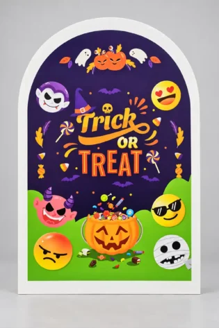 Trick or Treat Halloween arch backdrop with cartoon characters, candy and a pumpkin bucket